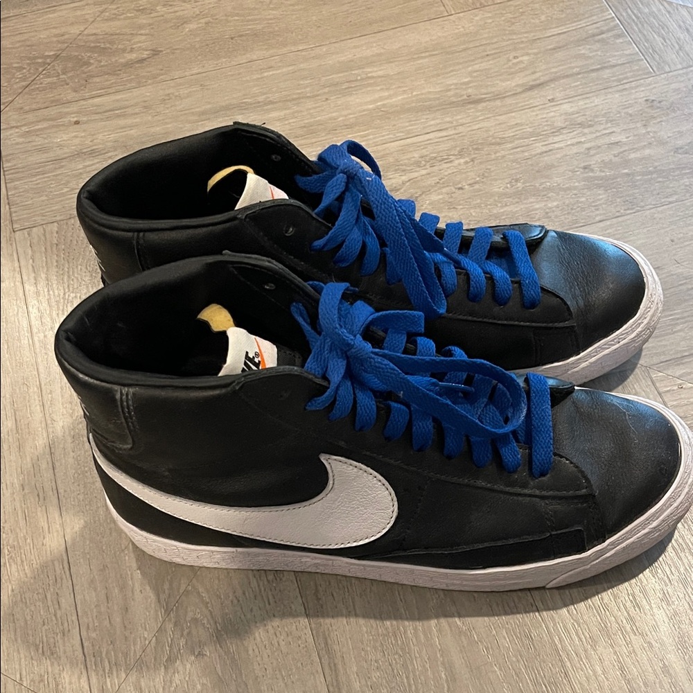 Custom Nike Blazer Black and White High-Top Sneakers with Blue Laces